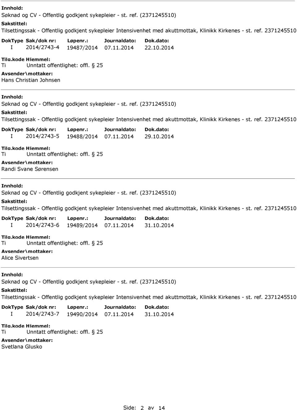 10.2014 nnhold: Søknad og CV - Offentlig godkjent sykepleier - st. ref. (2371245510) lsettingssak - Offentlig godkjent sykepleier ntensivenhet med akuttmottak, Klinikk Kirkenes - st. ref. 2371245510 2014/2743-6 19489/2014 Alice Sivertsen 31.