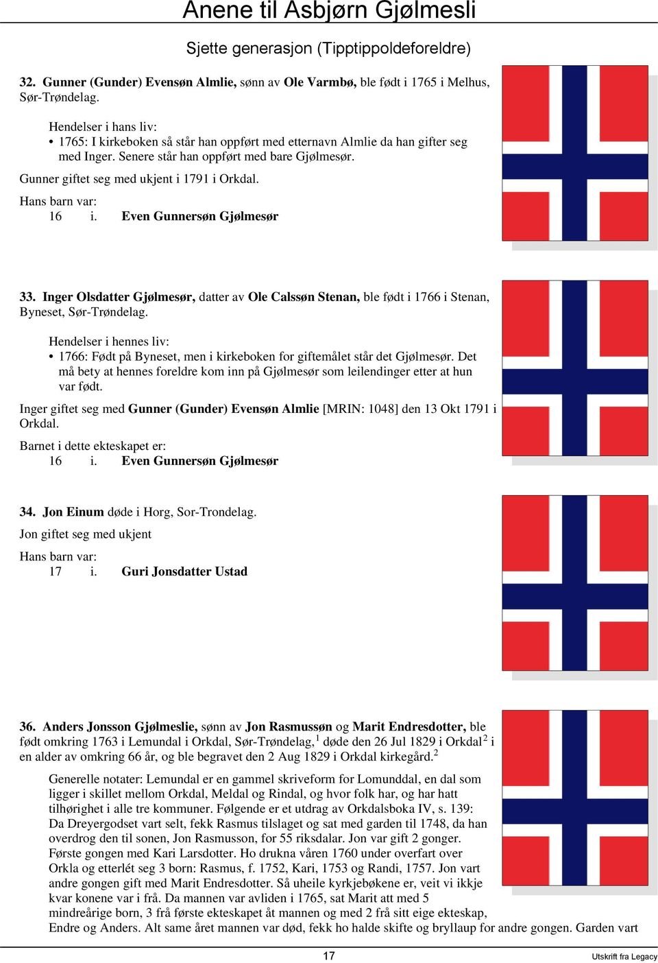 Hans barn var: 16 Even Gunnersøn Gjølmesør 33. Inger Olsdatter Gjølmesør, datter av Ole Calssøn Stenan, ble født i 1766 i Stenan, Byneset, Sør-Trøndelag.