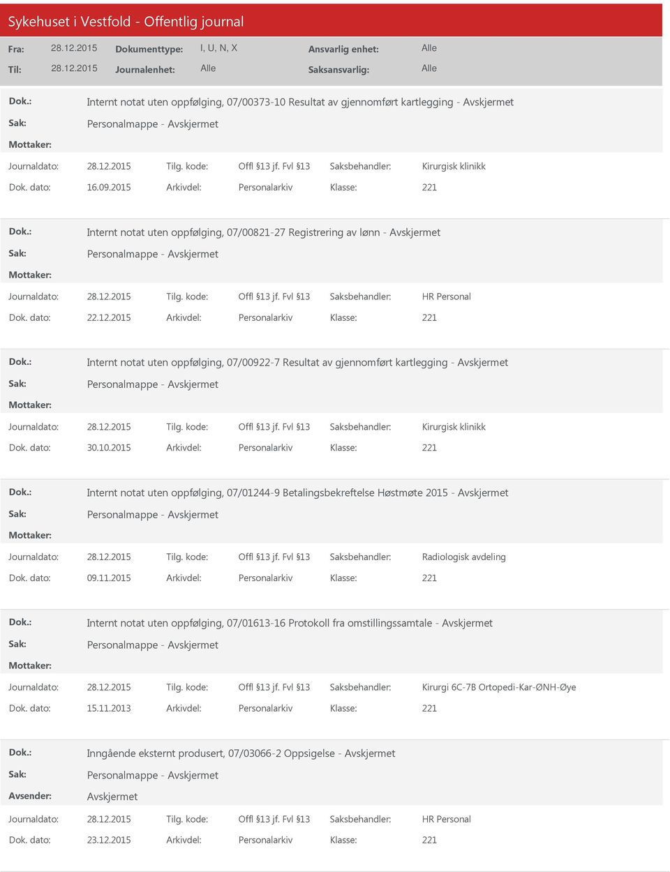 2015 Arkivdel: Personalarkiv Internt notat uten oppfølging, 07/00922-7 Resultat av gjennomført kartlegging - Personalmappe - Kirurgisk klinikk Dok. dato: 30.10.