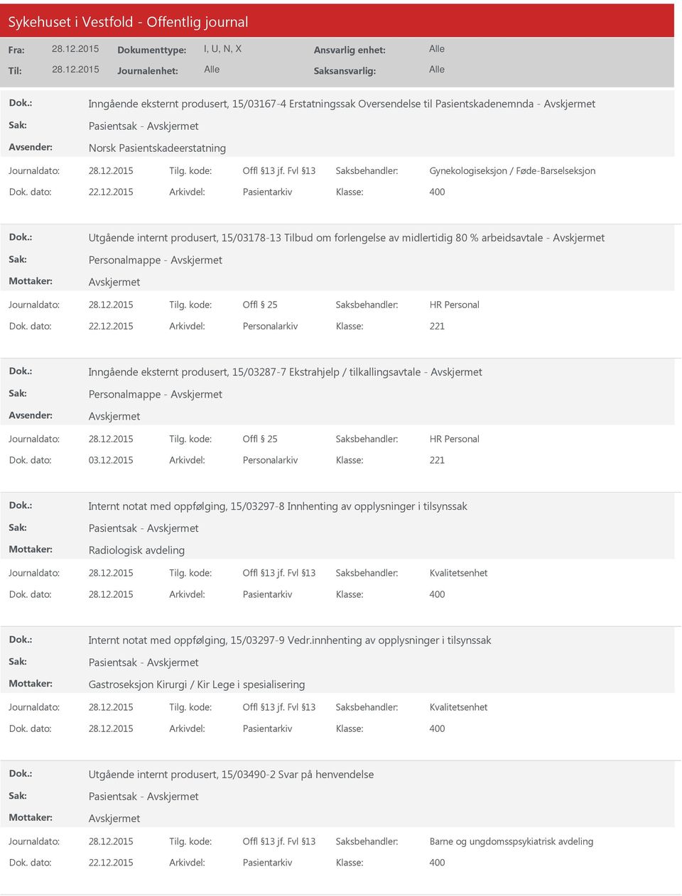 dato: 03.12.2015 Arkivdel: Personalarkiv Internt notat med oppfølging, 15/03297-8 Innhenting av opplysninger i tilsynssak Pasientsak - Radiologisk avdeling Kvalitetsenhet Dok.