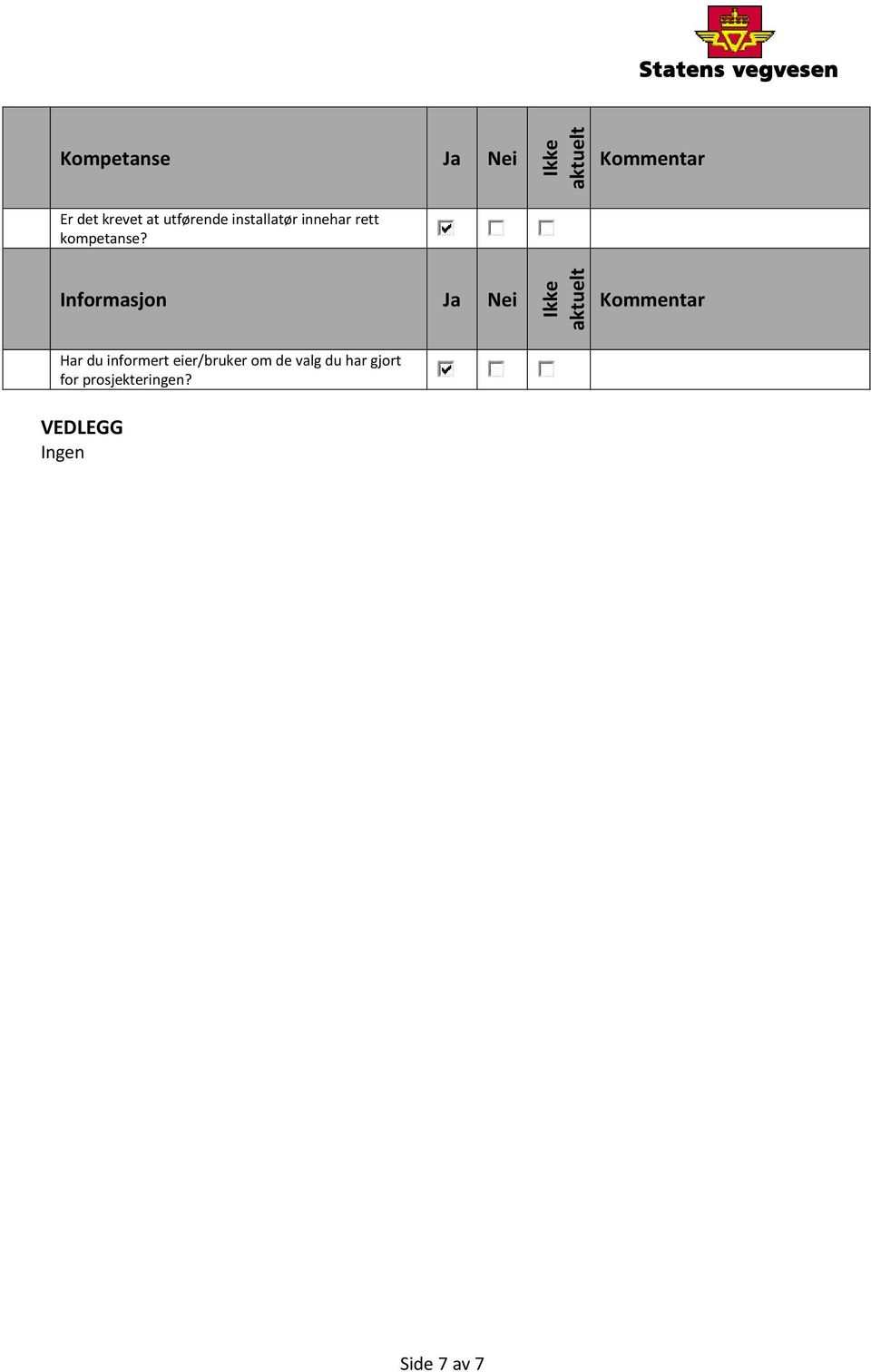 Informasjon Ja Nei Ikke aktuelt Kommentar Har du informert