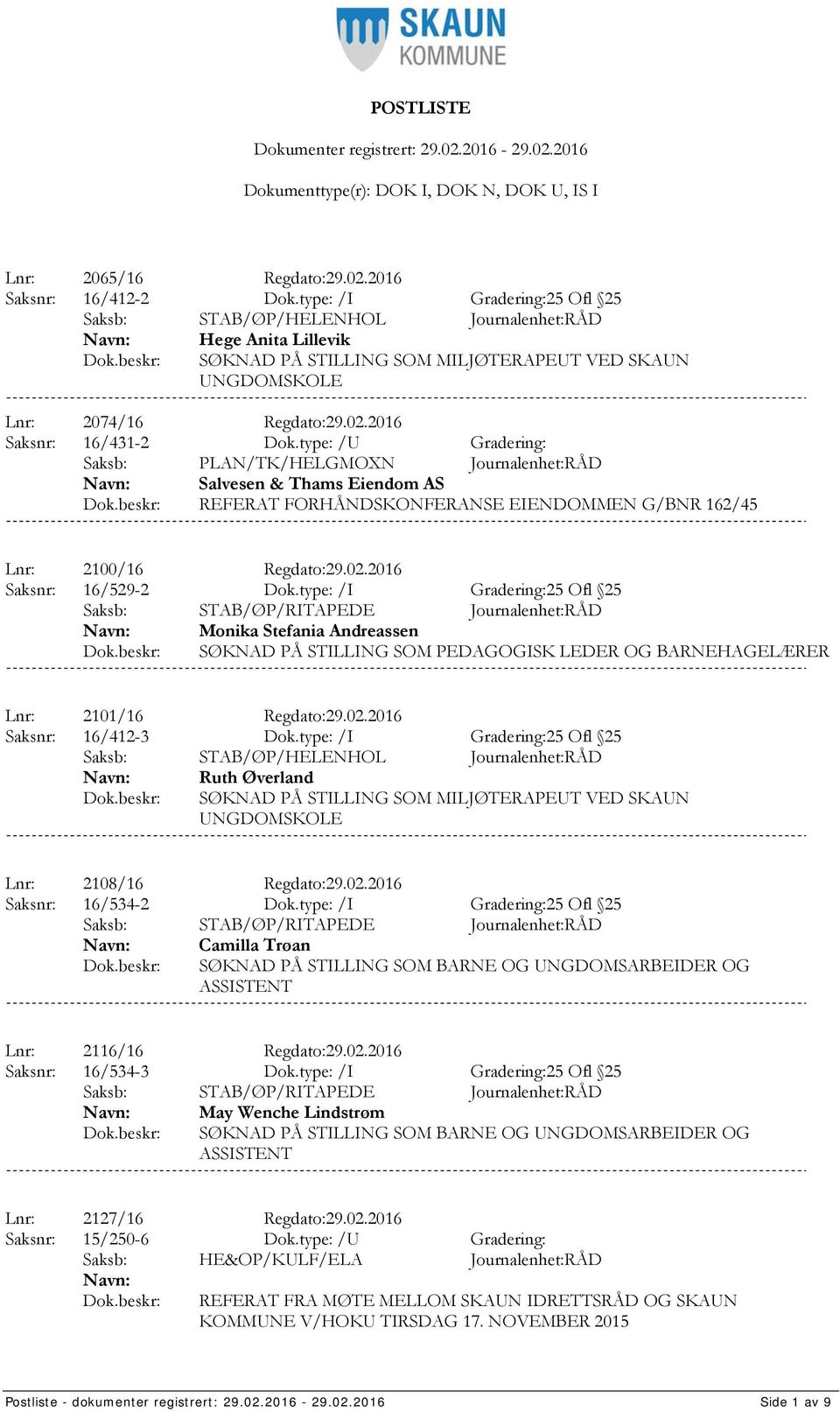 type: /I Gradering:25 Ofl 25 Monika Stefania Andreassen SØKNAD PÅ STILLING SOM PEDAGOGISK LEDER OG BARNEHAGELÆRER Lnr: 2101/16 Regdato:29.02.2016 Saksnr: 16/412-3 Dok.