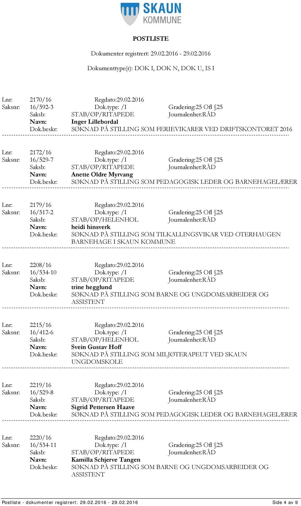 type: /I Gradering:25 Ofl 25 heidi hinsverk SØKNAD PÅ STILLING SOM TILKALLINGSVIKAR VED OTERHAUGEN BARNEHAGE I SKAUN KOMMUNE Lnr: 2208/16 Regdato:29.02.2016 Saksnr: 16/534-10 Dok.