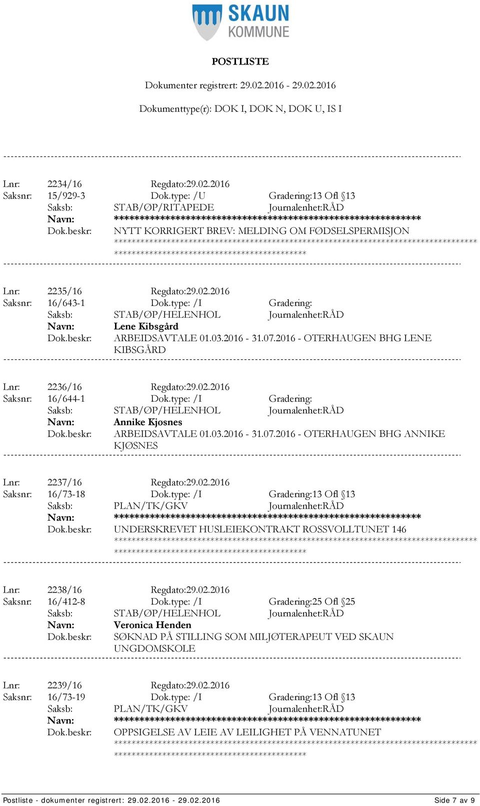 type: /I Gradering: Lene Kibsgård ARBEIDSAVTALE 01.03.2016-31.07.2016 - OTERHAUGEN BHG LENE KIBSGÅRD Lnr: 2236/16 Regdato:29.02.2016 Saksnr: 16/644-1 Dok.