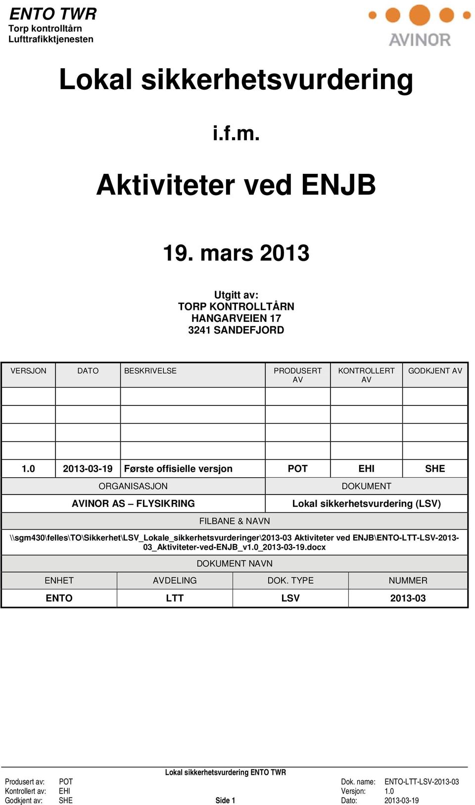 0 2013-03-19 Første offisielle versjon POT EHI SHE ORGANISASJON AVINOR AS FLYSIKRING FILBANE & NAVN DOKUMENT Lokal sikkerhetsvurdering (LSV)