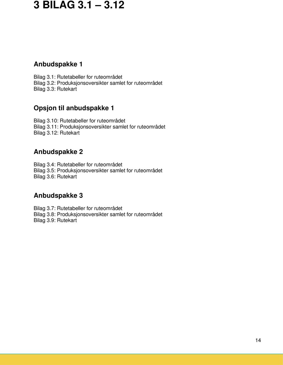 11: Prduksjnsversikter samlet fr rutemrådet Bilag 3.12: Rutekart Anbudspakke 2 Bilag 3.4: Rutetabeller fr rutemrådet Bilag 3.