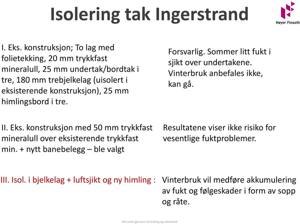 konstruksjon), 25 mm himlingsbord i tre. Forsvarlig. Sommer litt fukt i sjikt over undertakene. Vinterbruk anbefales ikke, kan gå. II. Eks.