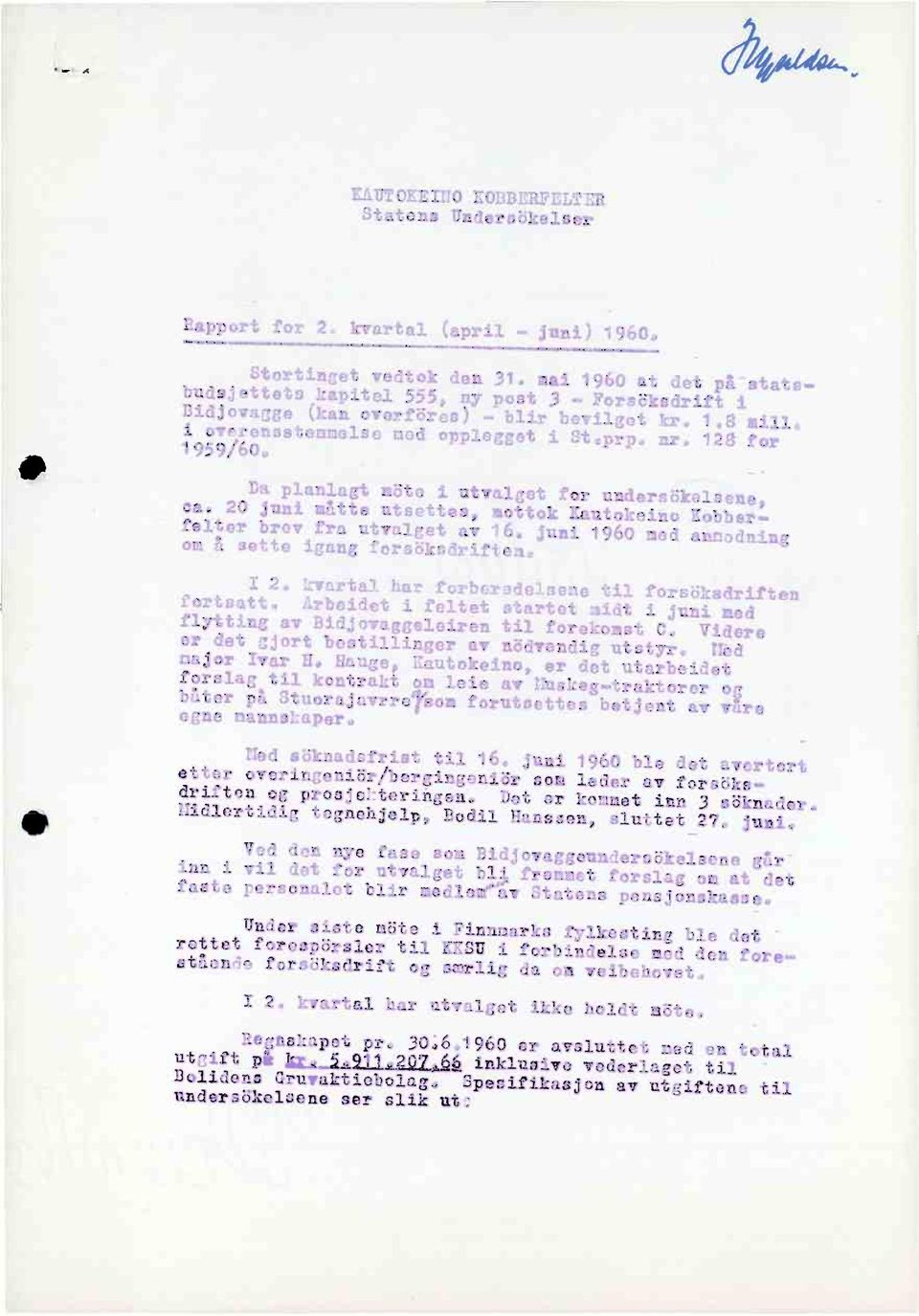 Da planlagt mute i utvalget for unders6kelsene, ea. 20 juni måtte utsettes,mottok KautokeinoKobberfelter brev fra utvalget av 16. juni 1960 med annadning om å sette igang forsbksdriften.
