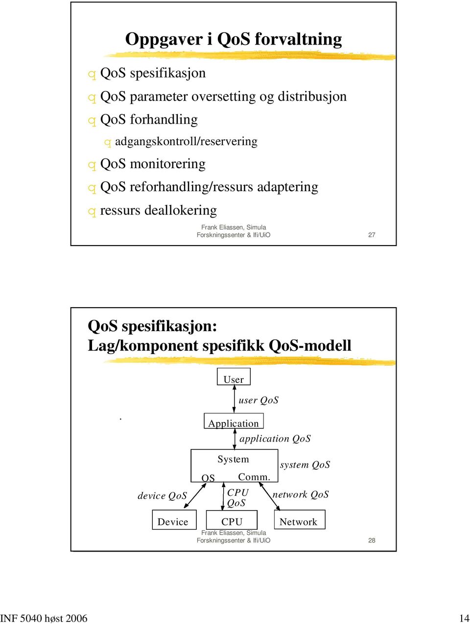 Forskningssenter & Ifi/UiO 27 QoS spesifikasjon: Lag/komponent spesifikk QoS-modell User user QoS.