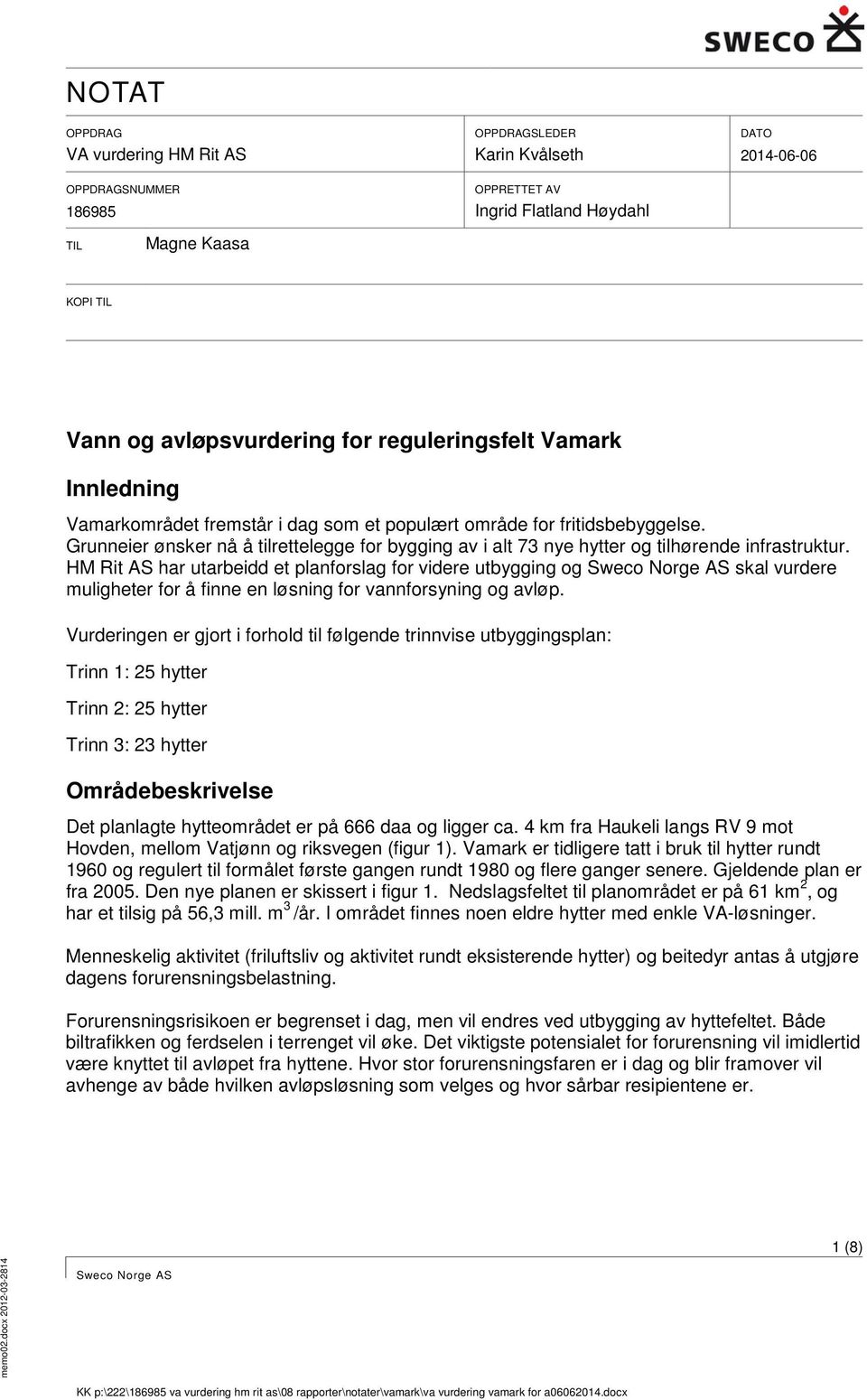 HM Rit AS har utarbeidd et planforslag for videre utbygging og Sweco Norge AS skal vurdere muligheter for å finne en løsning for vannforsyning og avløp.