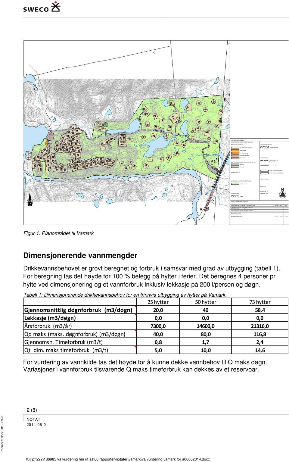 Tabell 1: Dimensjonerende drikkevannsbehov for en trinnvis utbygging av hytter på Vamark.