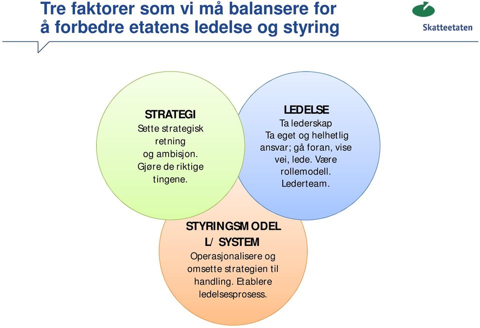 LEDELSE Ta lederskap Ta eget og helhetlig ansvar; gå foran, vise vei, lede.