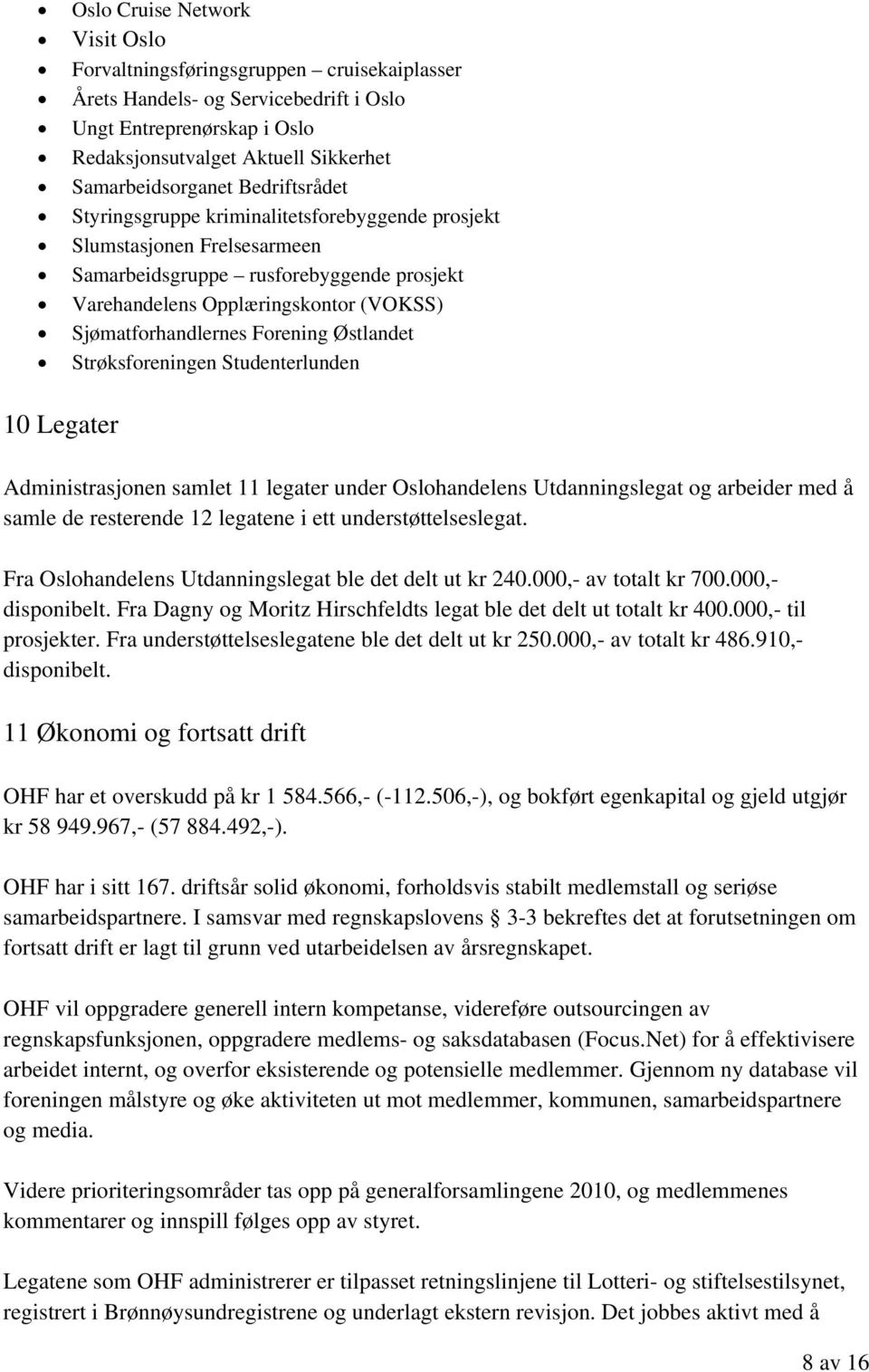 Forening Østlandet Strøksforeningen Studenterlunden 10 Legater Administrasjonen samlet 11 legater under Oslohandelens Utdanningslegat og arbeider med å samle de resterende 12 legatene i ett