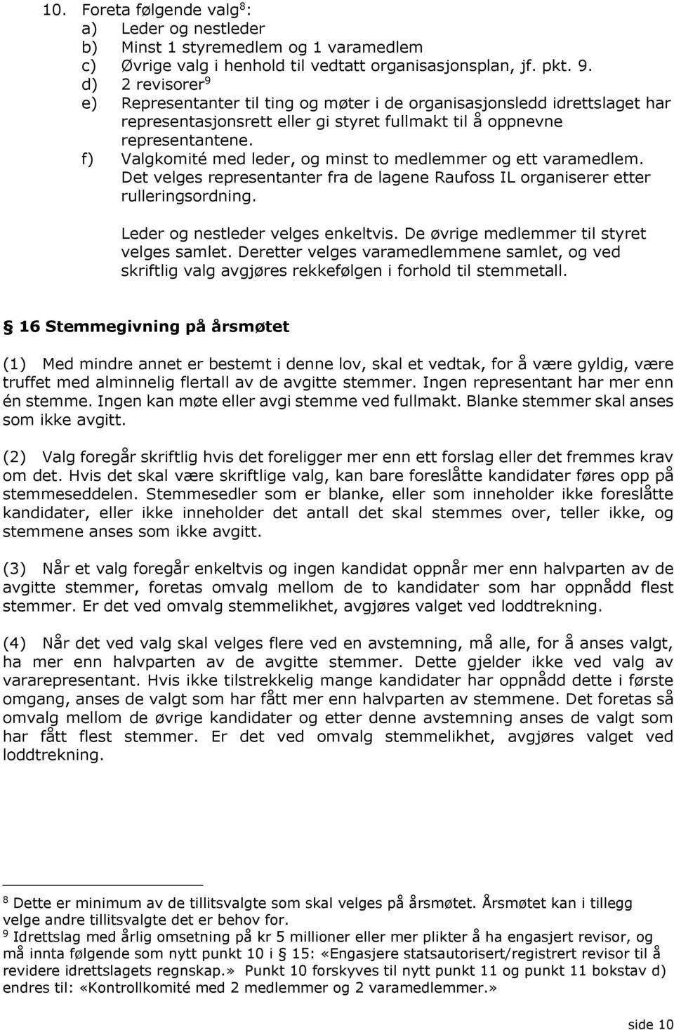 f) Valgkomité med leder, og minst to medlemmer og ett varamedlem. Det velges representanter fra de lagene Raufoss IL organiserer etter rulleringsordning. Leder og nestleder velges enkeltvis.