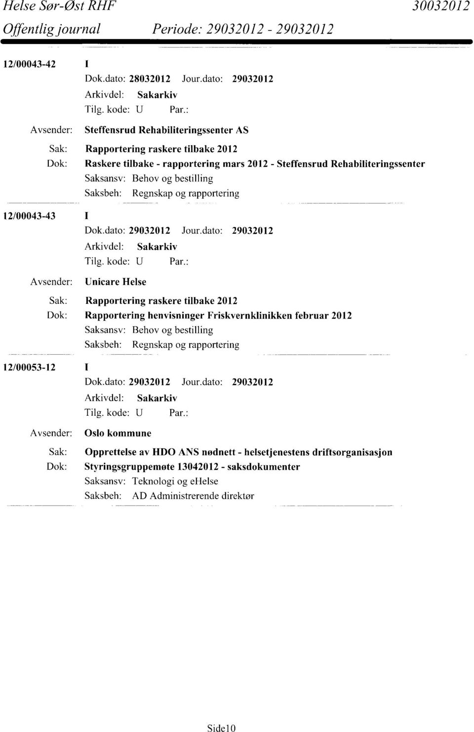 tilbake 2012 Dok: Rapportering henvisninger Friskvernklinikken februar 2012 Saksansv: Behov og bestilling Regnskap og rapportering 12/00053-12 Oslo kommune Sak: