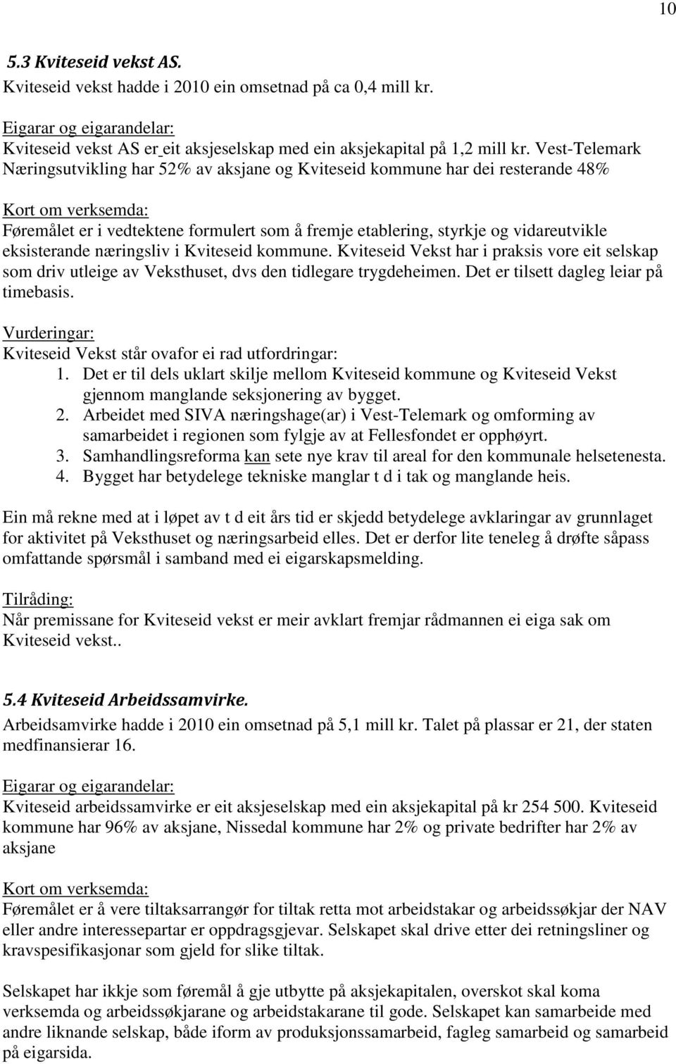 eksisterande næringsliv i Kviteseid kommune. Kviteseid Vekst har i praksis vore eit selskap som driv utleige av Veksthuset, dvs den tidlegare trygdeheimen. Det er tilsett dagleg leiar på timebasis.