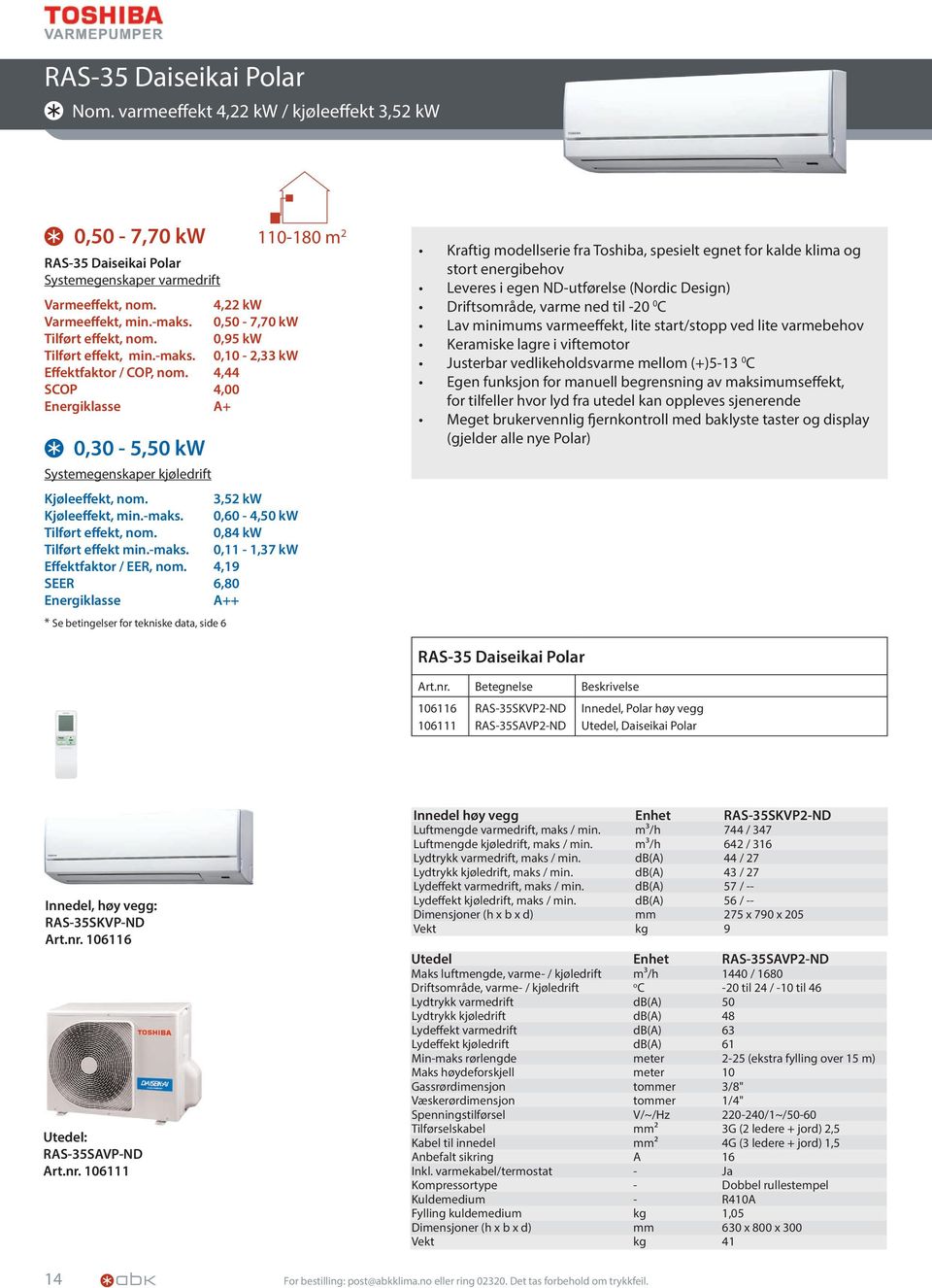 3,52 kw Kjøleeffekt, min.-maks. 0,60-4,50 kw Tilført effekt, nom. 0,84 kw Tilført effekt min.-maks. 0,11-1,37 kw Effektfaktor / EER, nom.