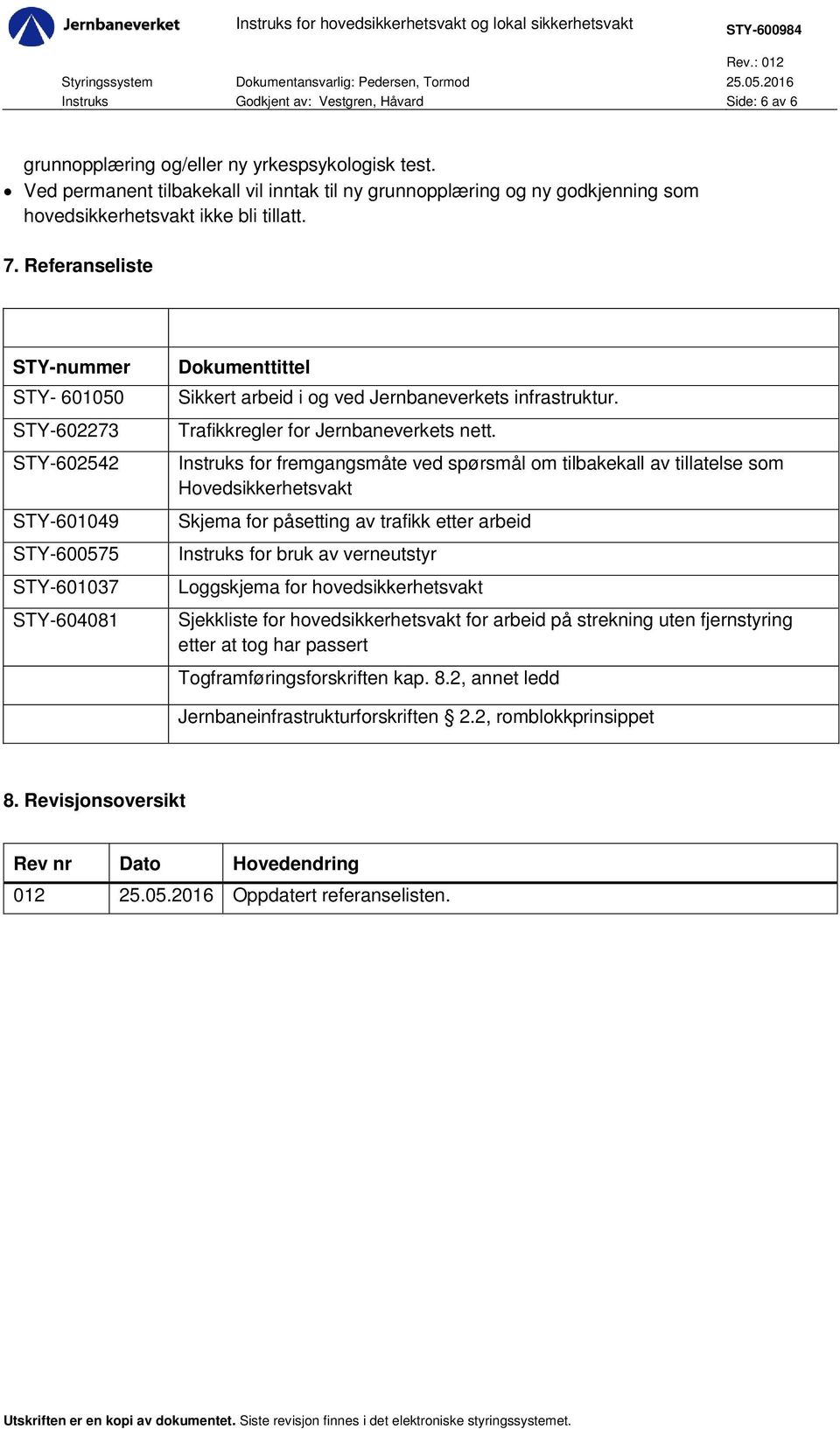 Referanseliste STY-nummer STY- 601050 STY-602273 STY-602542 STY-601049 STY-600575 STY-601037 STY-604081 Dokumenttittel Sikkert arbeid i og ved Jernbaneverkets infrastruktur.