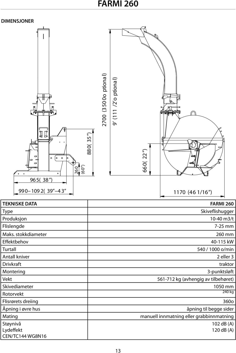 stokkdiameter Effektbehov Turtall 13 Skiveflishugger 10-40 m3/t 7-25 mm 260 mm 40-115 kw 540 / 1000 o/min Antall kniver 2 eller 3 Drivkraft Montering