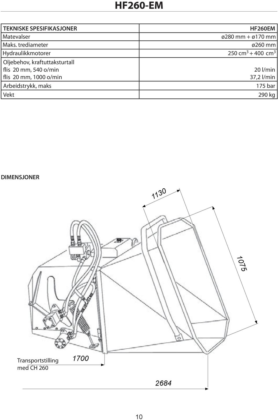 kraftuttaksturtall flis 20 mm, 540 o/min flis 20 mm, 1000 o/min Arbeidstrykk,