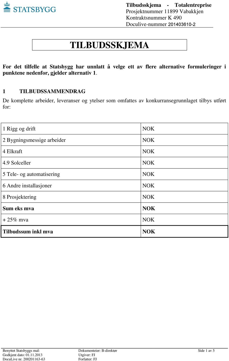 1 TILBUDSSAMMENDRAG De komplette arbeider, leveranser og ytelser som omfattes av konkurransegrunnlaget tilbys utført for: 1