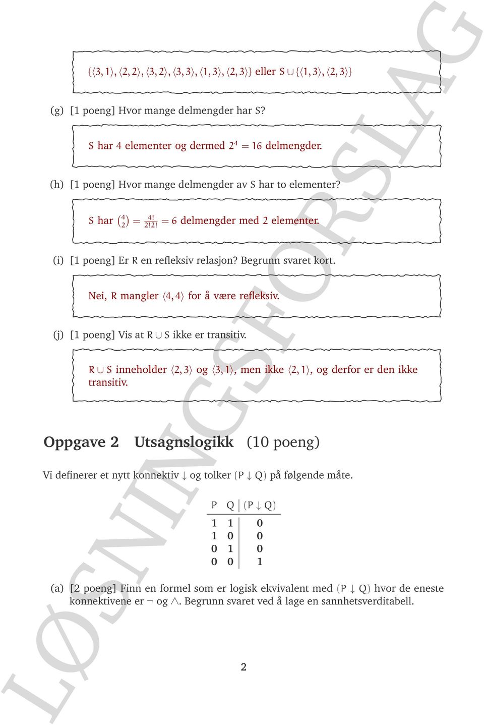 Nei, R mangler 4, 4 for å være refleksiv. (j) [1 poeng] Vis at R S ikke er transitiv. R S inneholder 2, 3 og 3, 1, men ikke 2, 1, og derfor er den ikke transitiv.