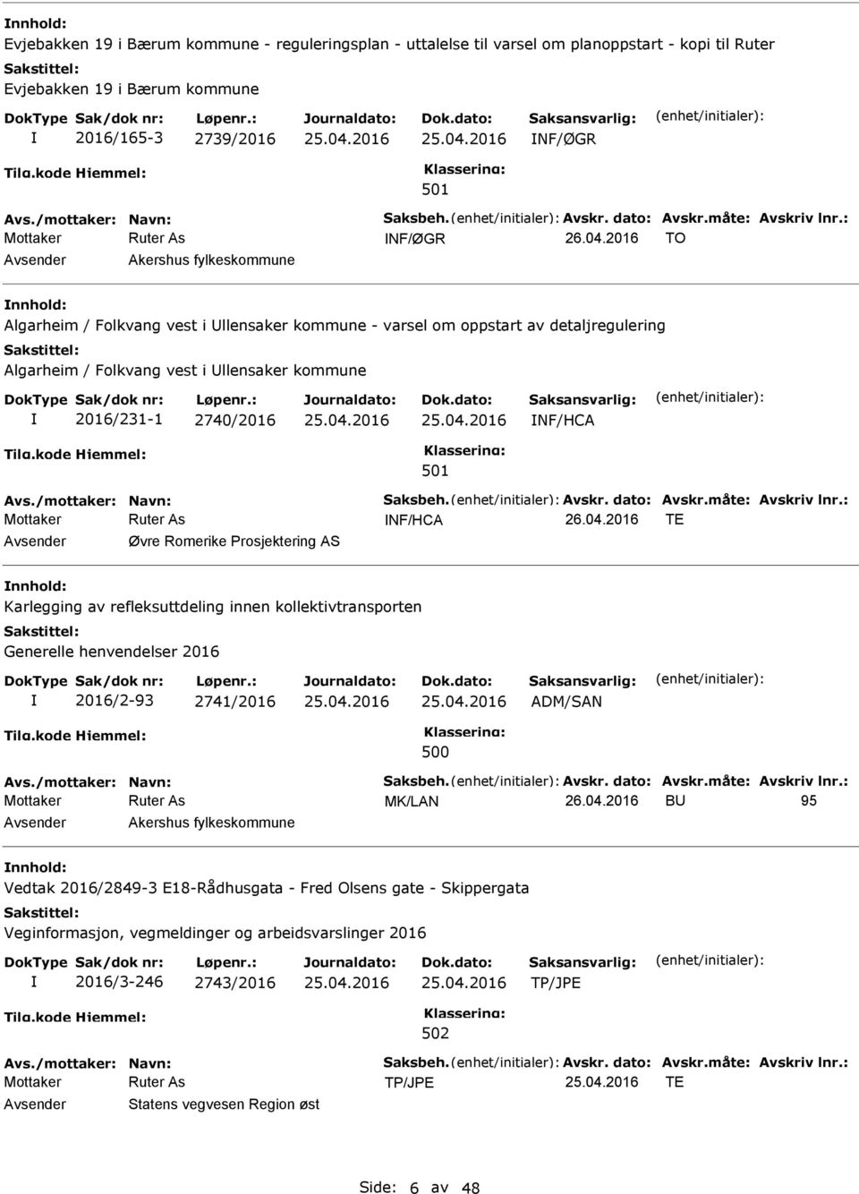 2740/2016 NF/HCA NF/HCA TE Øvre Romerike Prosjektering AS Karlegging av refleksuttdeling innen kollektivtransporten Generelle henvendelser 2016 2016/2-93 2741/2016