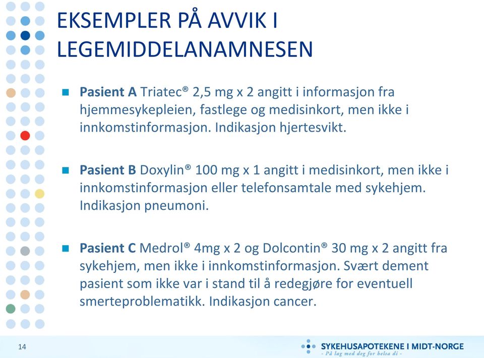 Pasient B Doxylin 100 mg x 1 angitt i medisinkort, men ikke i innkomstinformasjon eller telefonsamtale med sykehjem. Indikasjon pneumoni.