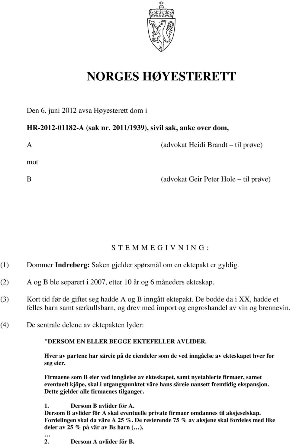 ektepakt er gyldig. (2) A og B ble separert i 2007, etter 10 år og 6 måneders ekteskap. (3) Kort tid før de giftet seg hadde A og B inngått ektepakt.