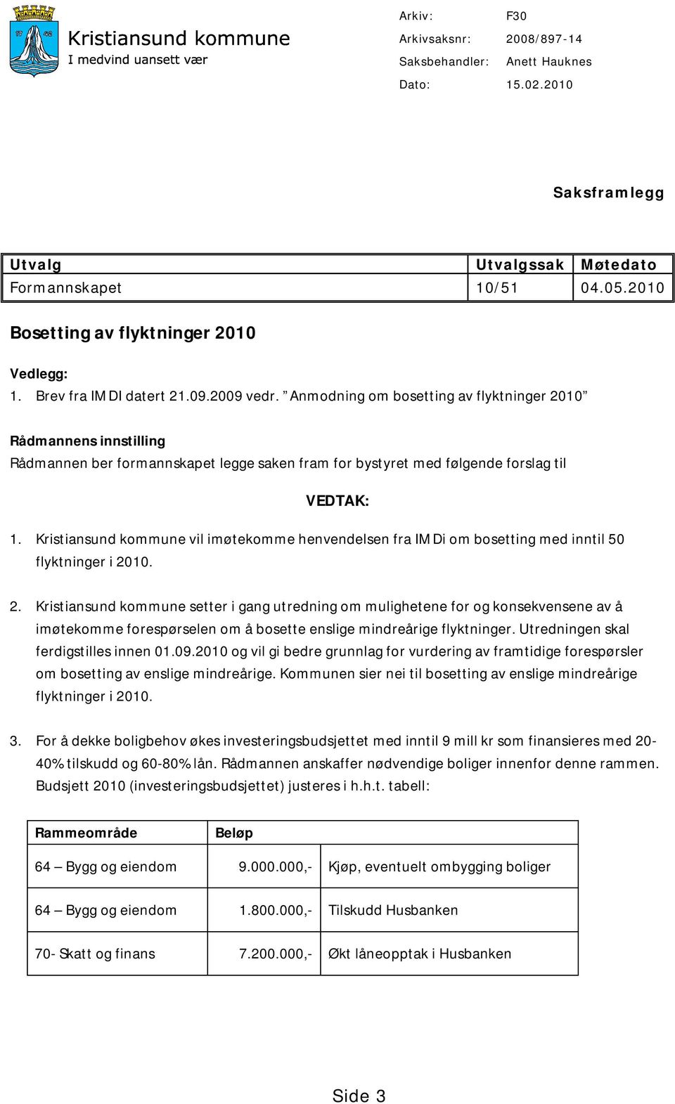 Kristiansund kommune vil imøtekomme henvendelsen fra IMDi om bosetting med inntil 50 flyktninger i 20