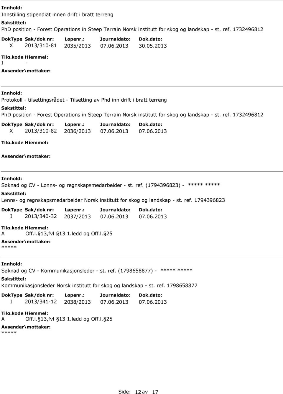 2013 Protokoll - tilsettingsrådet - Tilsetting av Phd inn drift i bratt terreng PhD position - Forest Operations in Steep Terrain Norsk institutt