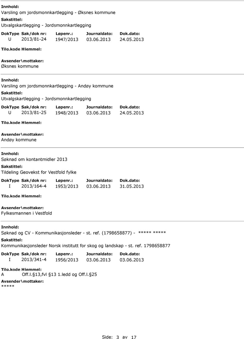 1948/2013 ndøy kommune Søknad om kontantmidler 2013 Tildeling Geovekst for Vestfold fylke 2013/164-4 1953/2013 31.05.