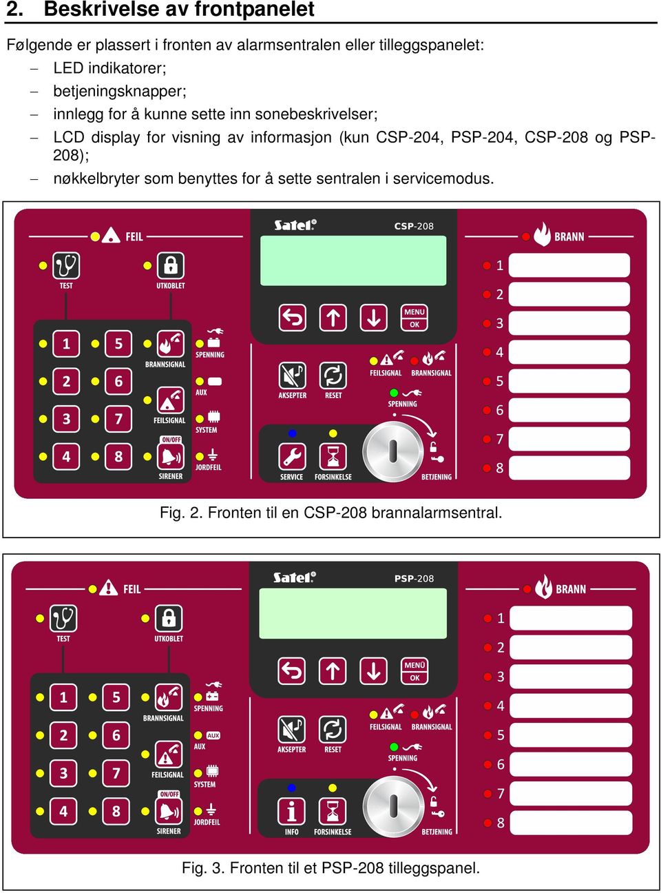 informasjon (kun CSP-204, PSP-204, CSP-208 og PSP- 208); nøkkelbryter som benyttes for å sette sentralen i