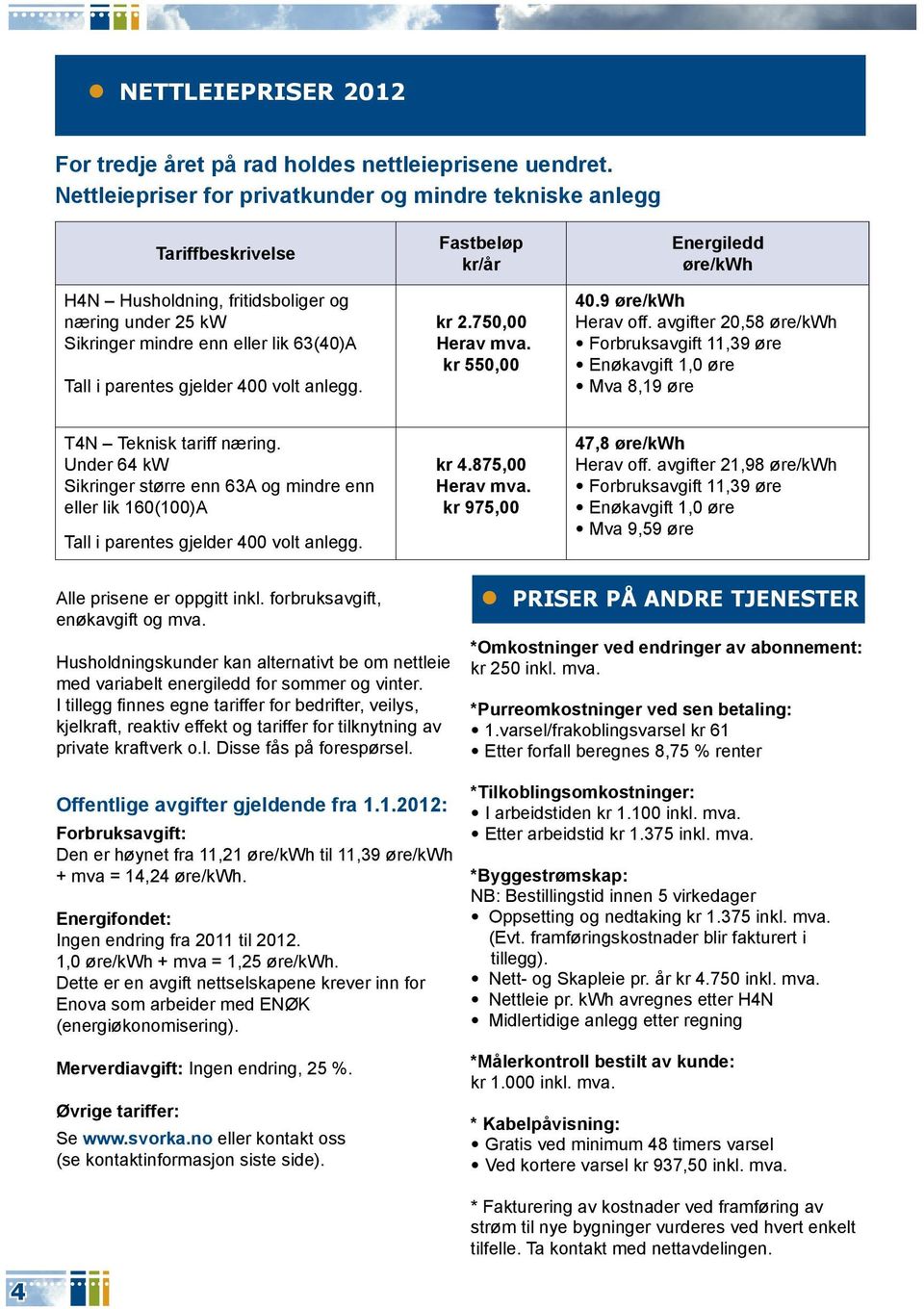 volt anlegg. Fastbeløp kr/år kr 2.750,00 Herav mva. kr 550,00 Energiledd øre/kwh 40.9 øre/kwh Herav off.