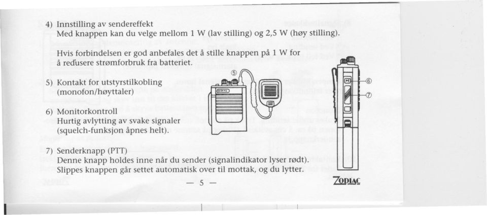 5) Kontakt for utstyrstilkobling (monofon/høyttaler) 6) Monitorkontroll Hurtig avlytting (squelch-funksjon av svake signaler
