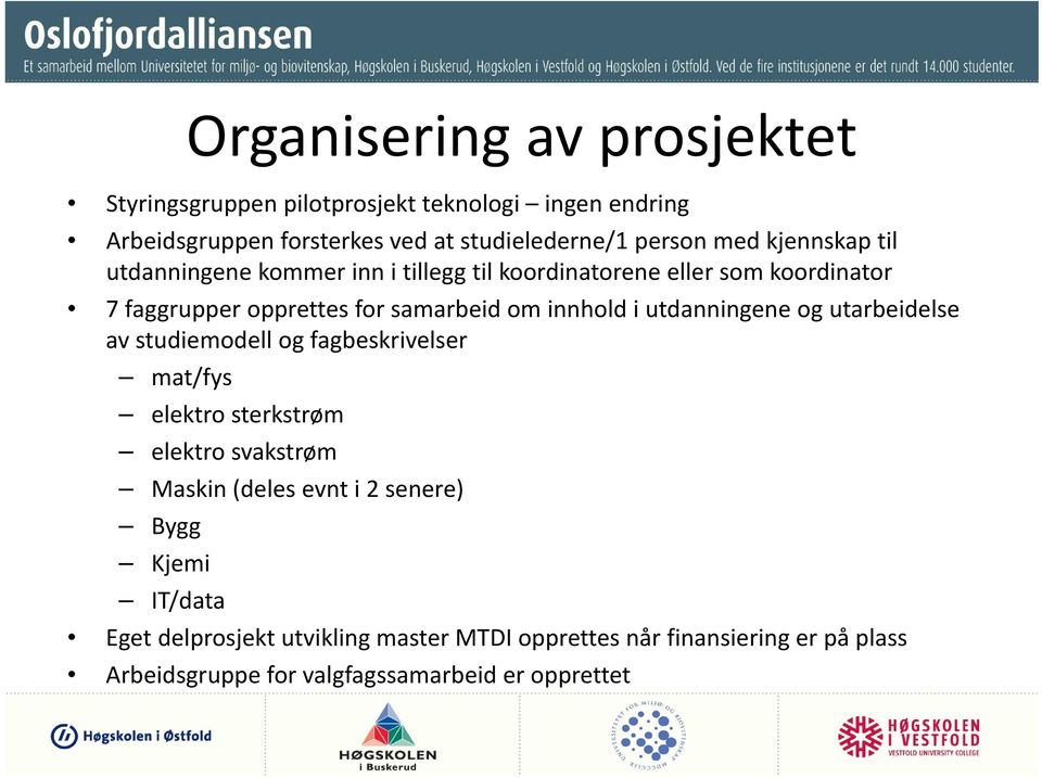 utdanningene og utarbeidelse av studiemodell og fagbeskrivelser mat/fys elektro sterkstrøm elektro svakstrøm Maskin (deles evnt i 2 senere)