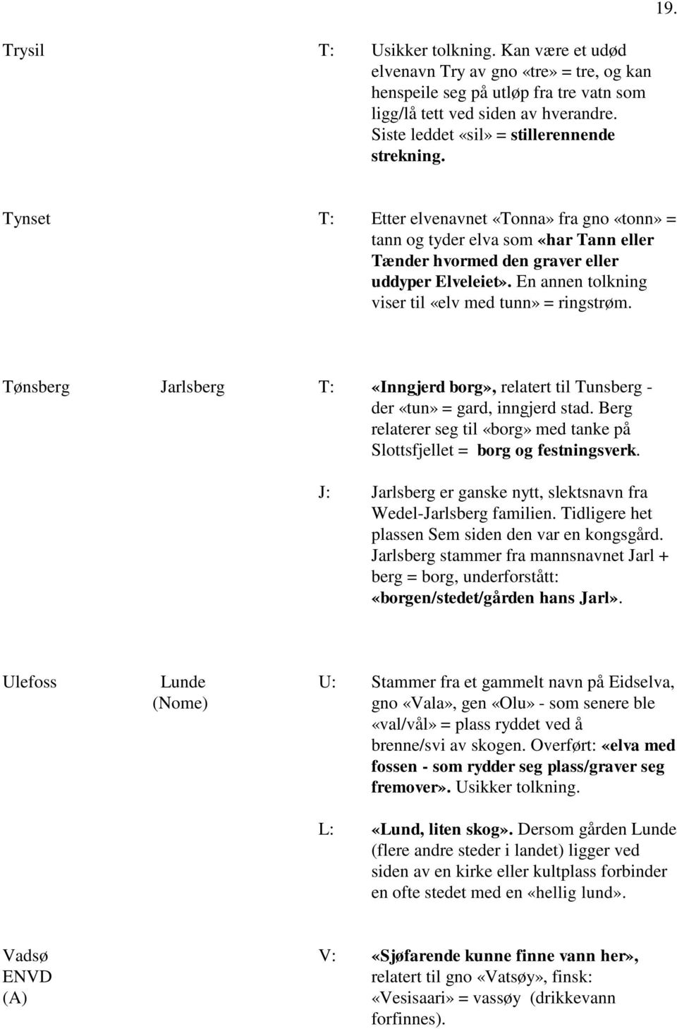 En annen tolkning viser til «elv med tunn» = ringstrøm. Tønsberg Jarlsberg T: «Inngjerd borg», relatert til Tunsberg - der «tun» = gard, inngjerd stad.
