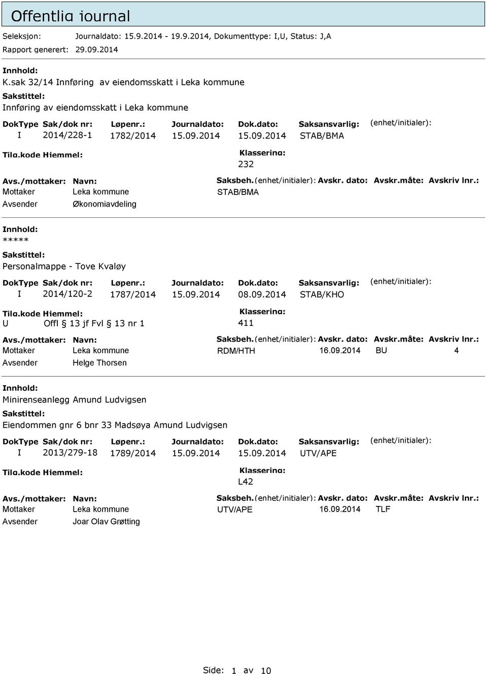 : STAB/BMA Økonomiavdeling nnhold: ***** Personalmappe - Tove Kvaløy 2014/120-2 1787/2014 08.09.2014 411 Avs./mottaker: Navn: Saksbeh. Avskr. dato: Avskr.måte: Avskriv lnr.