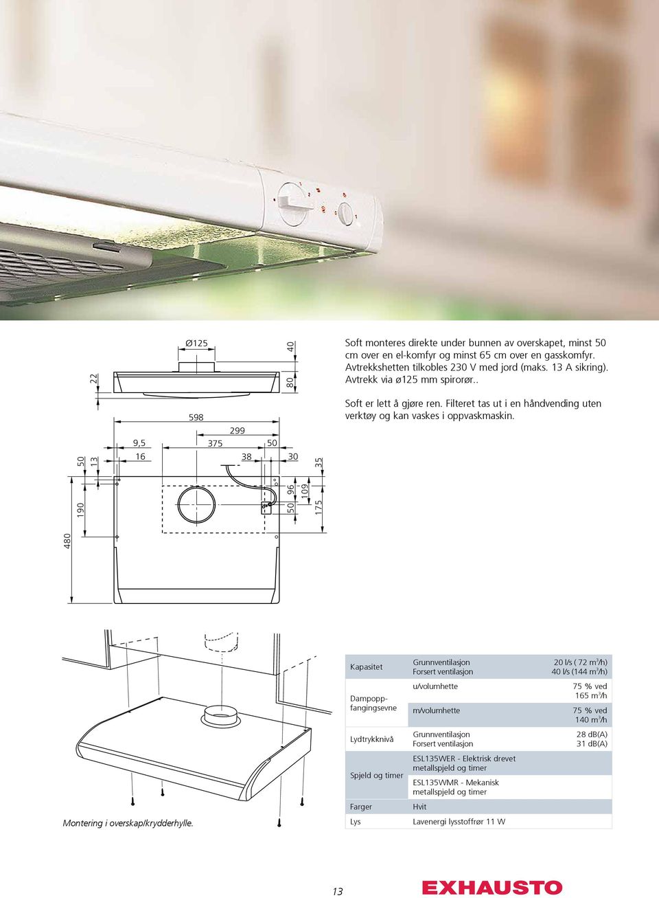 299 9,5 375 50 1 90 5 0 13 16 38 30 50 96 109 35 175 480 Kapasitet Dampoppfangingsevne Lydtrykknivå Spjeld og timer Farger u/volumhette m/volumhette ESL135WER - Elektrisk drevet