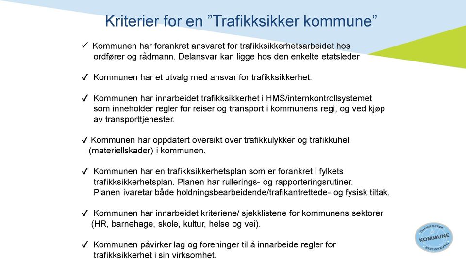 Kommunen har innarbeidet trafikksikkerhet i HMS/internkontrollsystemet som inneholder regler for reiser og transport i kommunens regi, og ved kjøp av transporttjenester.