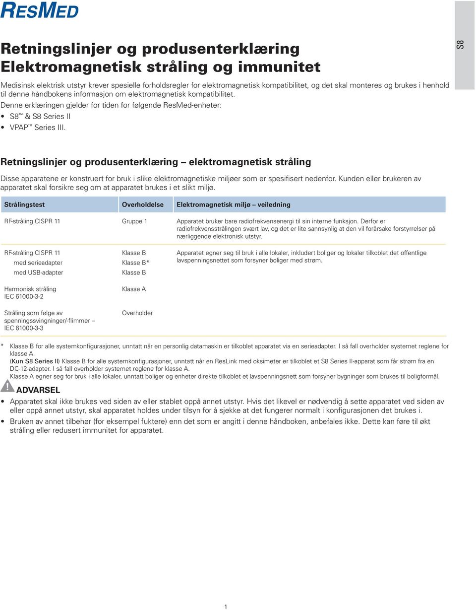 Retningslinjer og produsenterklæring elektromagnetisk stråling Disse apparatene er konstruert for bruk i slike elektromagnetiske miljøer som er spesifisert nedenfor.