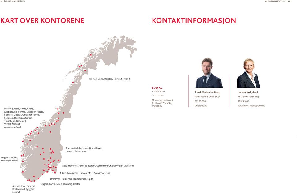 no 23 11 91 00 Munkedamsveien 45, Postboks 1704 Vika, 0121 Oslo Trond-Morten Lindberg Administrerende direktør 951 29 150 tml@bdo.no Norunn Byrkjeland Partner/Riskansvarlig 404 12 605 norunn.