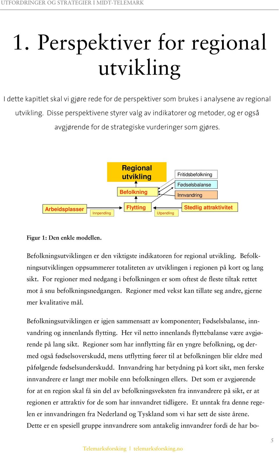 Regional utvikling Befolkning Fritidsbefolkning Fødselsbalanse Innvandring Arbeidsplasser Innpendling Flytting Utpendling Stedlig attraktivitet Figur 1: Den enkle modellen.