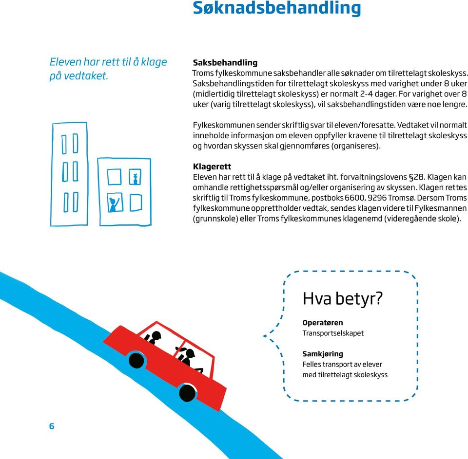 For varighet over 8 uker (varig tilrettelagt skoleskyss), vil saksbehandlingstiden være noe lengre. Fylkeskommunen sender skriftlig svar til eleven/foresatte.