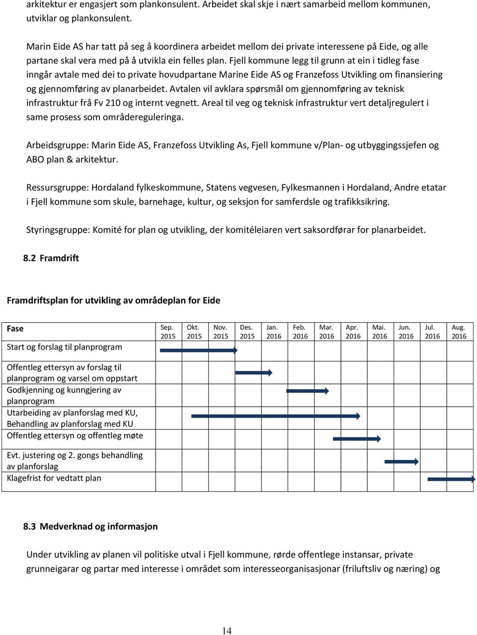 Fjell kommune legg til grunn at ein i tidleg fase inngår avtale med dei to private hovudpartane Marine Eide AS og Franzefoss Utvikling om finansiering og gjennomføring av planarbeidet.