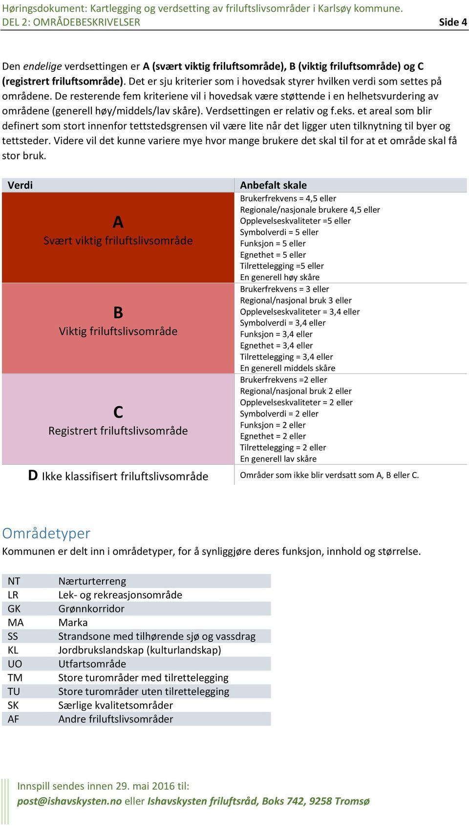 De resterende fem kriteriene vil i hovedsak være støttende i en helhetsvurdering av områdene (generell høy/middels/lav skåre). Verdsettingen er relativ og f.eks.