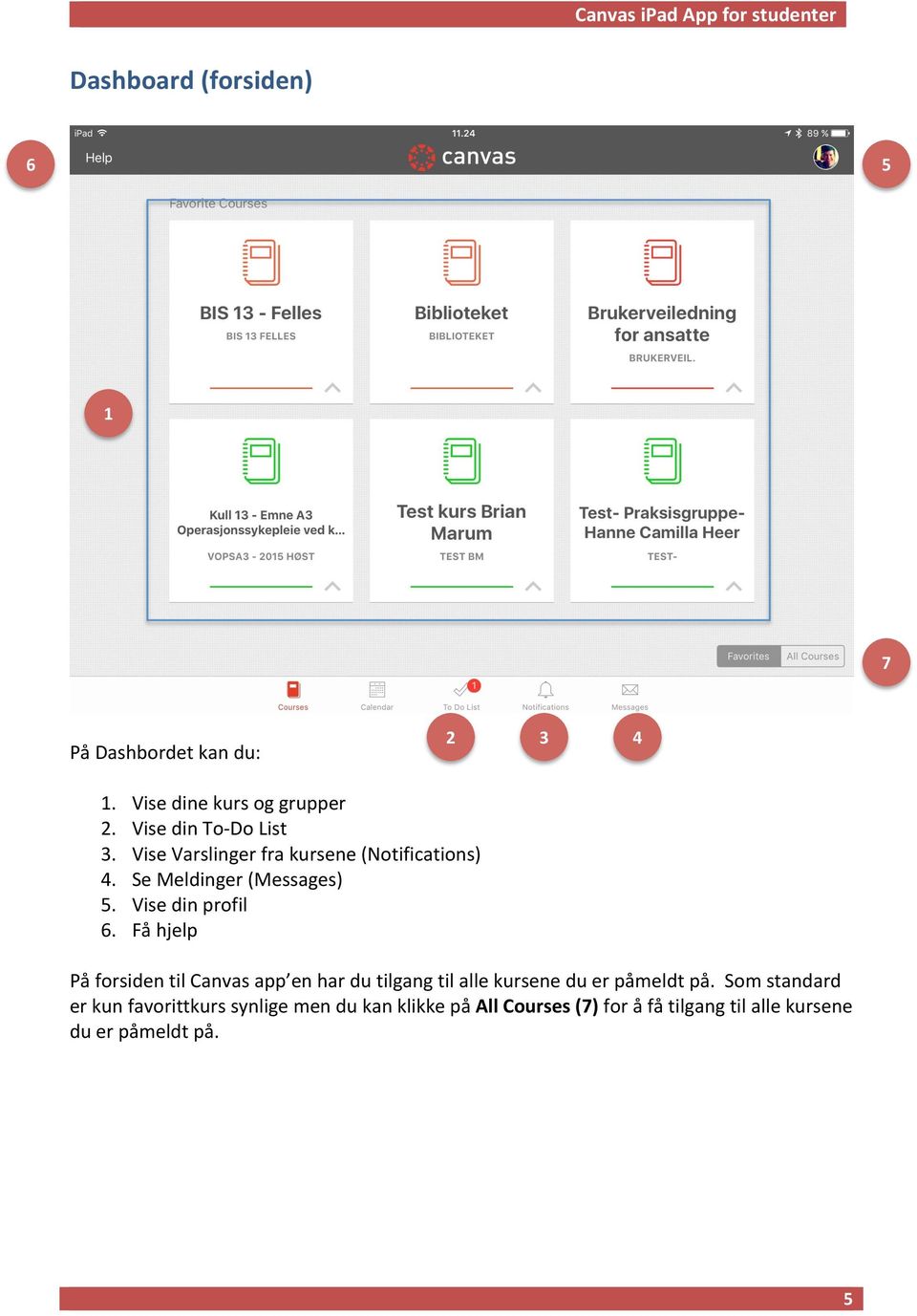 Vise din profil 6. Få hjelp På forsiden til Canvas app en har du tilgang til alle kursene du er påmeldt på.