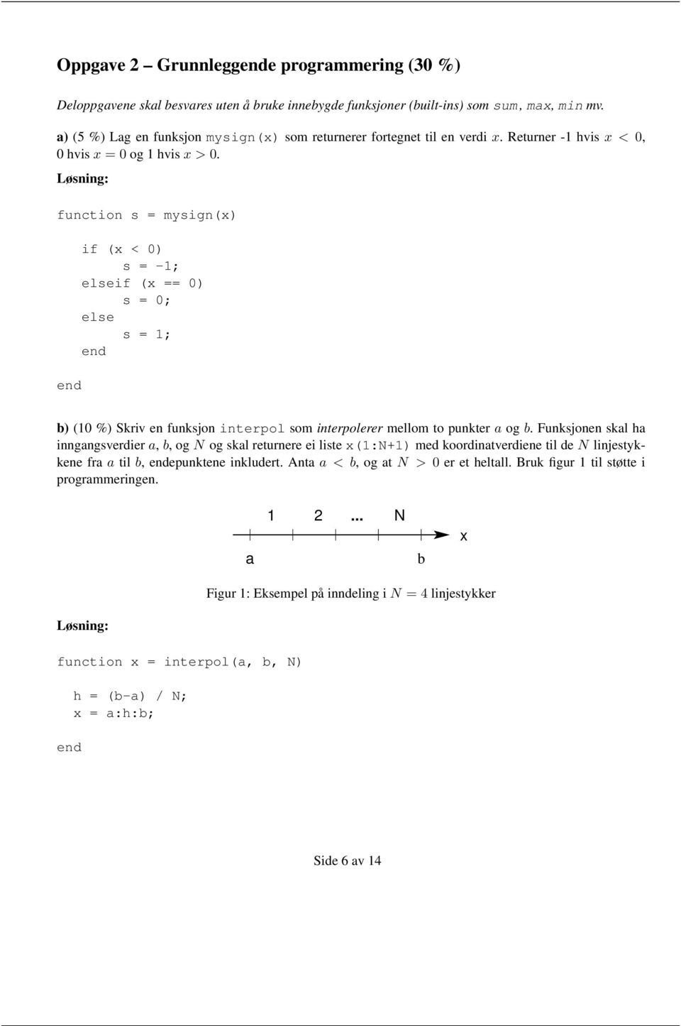 function s = mysign(x) if (x < 0) s = -1; elseif (x == 0) s = 0; else s = 1; b) (10 %) Skriv en funksjon interpol som interpolerer mellom to punkter a og b.