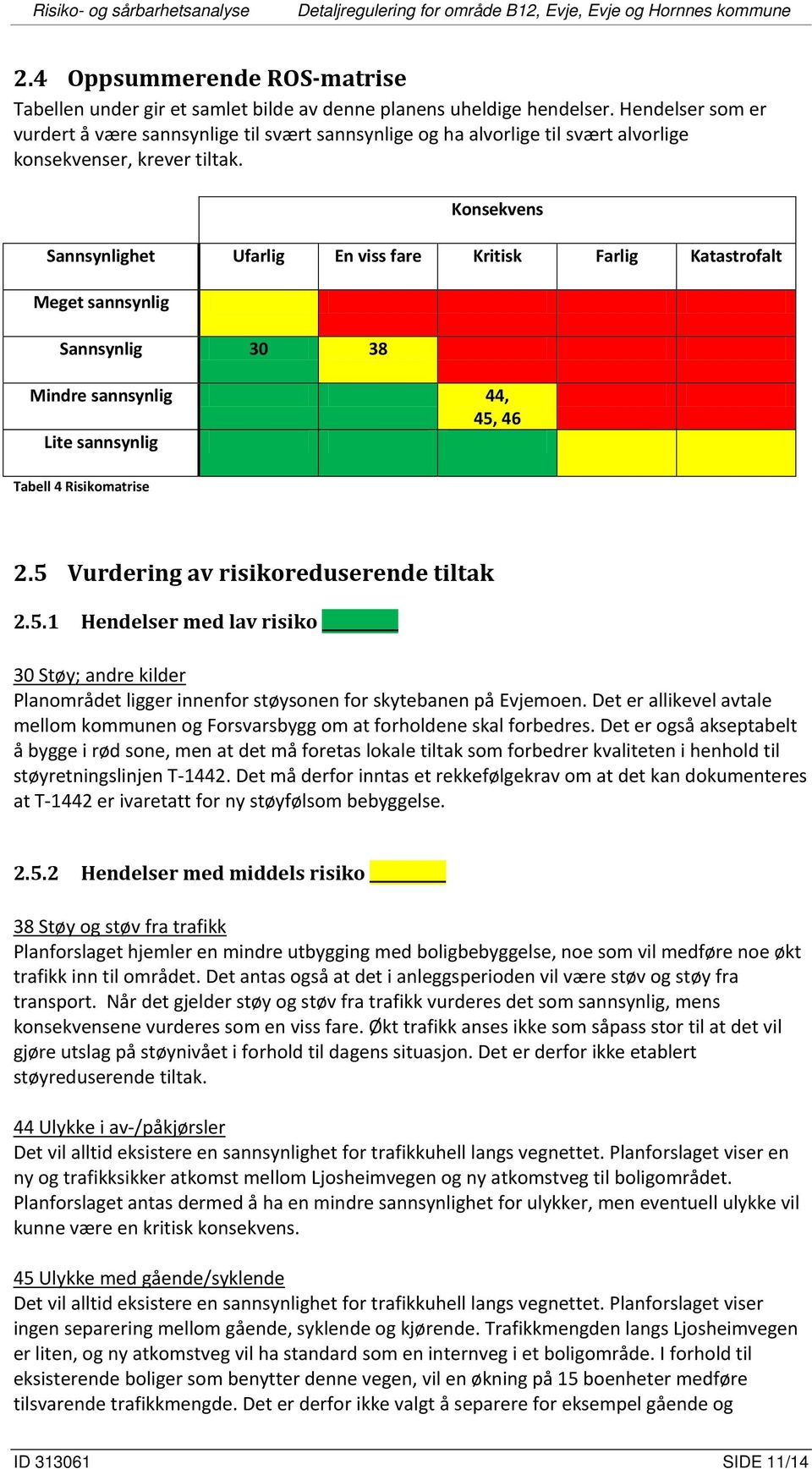 Konsekvens Sannsynlighet Ufarlig En viss fare Kritisk Farlig Katastrofalt Meget sannsynlig Sannsynlig 30 38 Mindre sannsynlig 44, 45, 46 Lite sannsynlig Tabell 4 Risikomatrise 2.