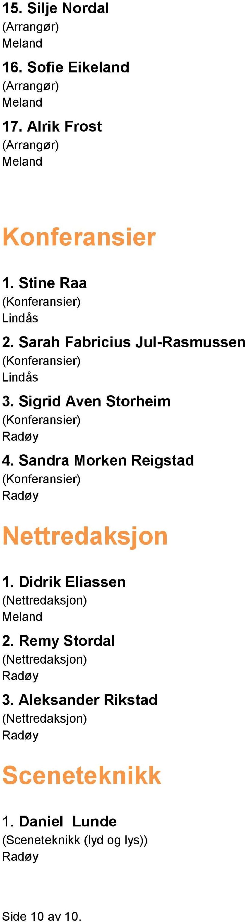 Sandra Morken Reigstad (Konferansier) Nettredaksjon 1. Didrik Eliassen (Nettredaksjon) 2.